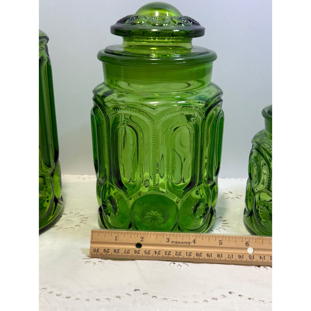 Vintage LE Smith Moon and Star Green Glass Canister Set 4 Piece Apothecary Jars - Picture 4 of 16